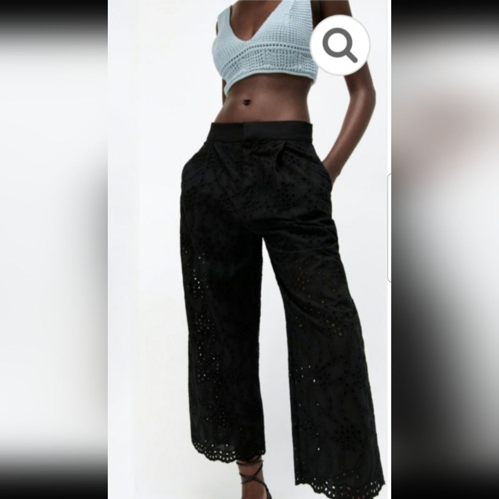Zara Black Eyelet Wide Leg Sz Small Cotton Pants